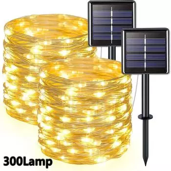 Солнечные гирлянды 300LED Солнечные гирлянды Наружные водонепроницаемые 8 режимов Мерцающий свет из медной проволоки 12M-100LED-Warm
