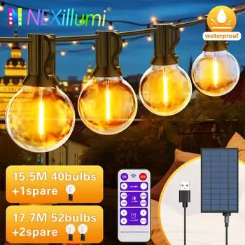Солнечные гирлянды, уличные светильники G40 для патио, зарядное устройство USB, 8 режимов освещения, небьющиеся лампочки, подвесной светильник, устойчивый к атмосферным воздействиям