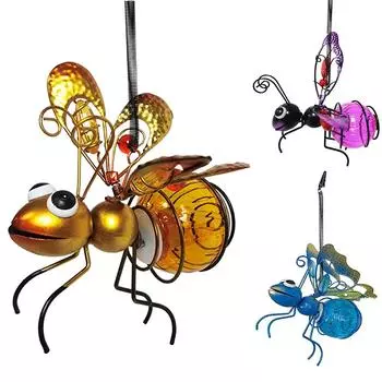 Солнечные гирлянды в виде жуков, металлическая железная статуя насекомого со светодиодной лампой в виде крылатого муравья, наружное подвесное украшение для дерева для двора, садового искусства, декора золотой