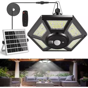 Солнечные подвесные светильники 2000 мАч с двойной головкой, солнечный датчик света для навеса, 180 светодиодов, солнечные светильники для внутреннего освещения с дистанционным управлением для гаража, сада, дома 1000MAH