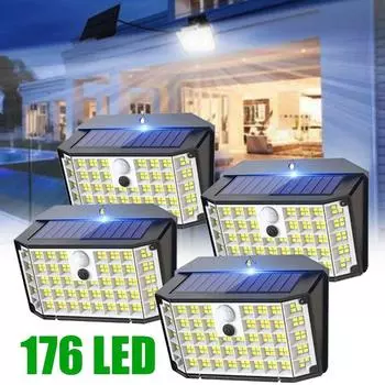 Солнечные уличные фонари 176 светодиодных солнечных батарей с датчиком движения, прожекторы IP65, водонепроницаемые, 3 режима, настенный светильник для наружного крыльца, двора 1PCS