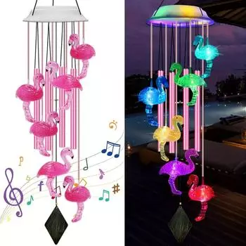 Солнечные ветровые колокольчики для улицы Фламинго светодиодный меняющий цвет колокольчик с питанием от 4 железных трубок