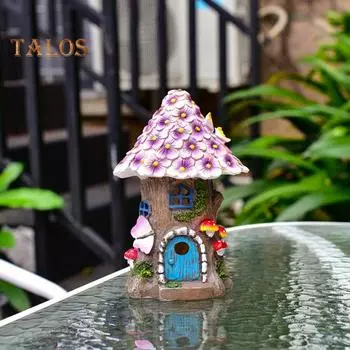 Солнечный цветок на крыше домика фигурка светящаяся сказочный домик эльфа смоляная статуэтка скульптура открытый сад крыльцо двор газон украшение орнамент фиолетовый