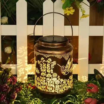 Солнечный фонарь, уличный подвесной светильник с рисунком колибри, полый дизайн, водонепроницаемый металлический светодиодный декоративный светильник IP65, украшение для сада Hummingbird