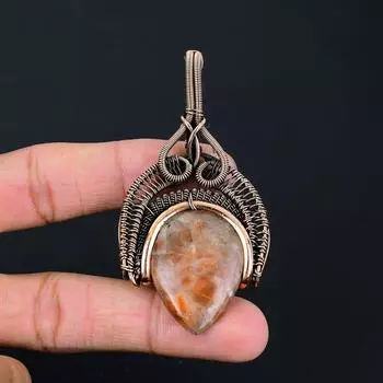 Солнечный камень, драгоценный камень, кулон ручной работы из чистой медной проволоки, обернутый ювелирными изделиями на День Благодарения 2.99 Inches жёлтый