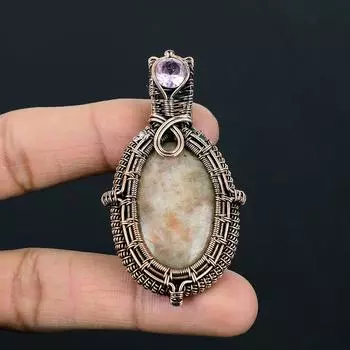 Солнечный камень и кунцит, драгоценные камни, кулон ручной работы из чистой медной проволоки, обернутый ювелирными изделиями на День Благодарения 2.56 Inches жёлтый