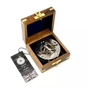 Солнечный компас серебристого цвета, винтажный морской ретро-стимпанк, полированная деревянная коробка, морской компас, винтажный морской компас и деревянная коробка