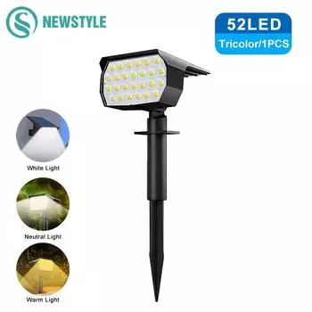 Солнечный ландшафтный прожектор, уличный 52 светодиодный трехцветный настенный светильник на солнечной батарее, водонепроницаемый IP65, 2-в-1, сад, двор, подъездная дорожка, дорожка 1PCS