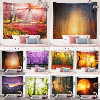 Солнечный лесной пейзаж, гобелен, природный пейзаж, настенный художественный гобелен, гобелен для общежития, эстетическое украшение, украшение для гостиной, дома 100X75CM
