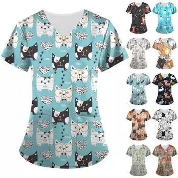 (Солнечный лук)Женские топы с короткими рукавами и v-образным вырезом с принтом, рабочая форма, карманная блузка L синий