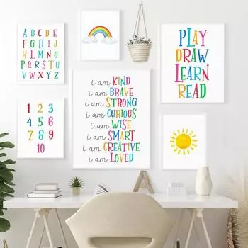 Солнечный Радужный Цифра Буква ABC Детская Настенная Живопись Холст Картины Плакаты И Принты Настенные Картины Детская Комната Декор Без Рамки 21*30cm No Frame