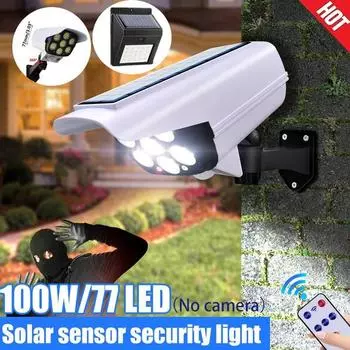 Солнечный свет, датчик движения, манекен безопасности, камера, прожектор, беспроводной уличный IP65, водонепроницаемая 77 светодиодная лампа, 3 режима, солнечный настенный светильник