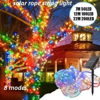 Солнечный светодиодный светильник 50/100/200 светодиодных трубчатых гирлянд с 8 режимами для улицы, водонепроницаемый для дома, сада, дорожки, Dceor 7m 50leds-white