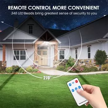 Солнечный уличный светильник с водонепроницаемым поясом и датчиком движения, 346 светодиодов, режим дистанционного управления, подходит для патио, гаража, заднего двора White-6000K