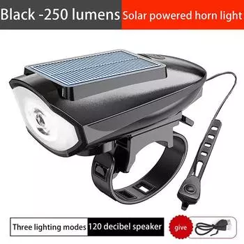 Солнечный велосипедный фонарь с клаксоном 120 дБ Type-C перезаряжаемый дорожный велосипедный передний фонарь 1200 мАч фонарик водонепроницаемый велосипедный фонарь чёрный