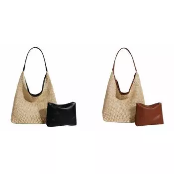 Соломенная большая сумка для женщин Плетеная сумка на плечо большой емкости с кошельком из искусственной кожи (черный)