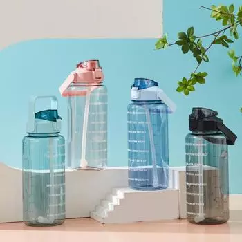 Соломенная бутылка для воды 2 л, пластиковая чашка для воды большой емкости, портативная бутылка для напитков с маркером времени для спорта на открытом воздухе, фитнеса 2L
