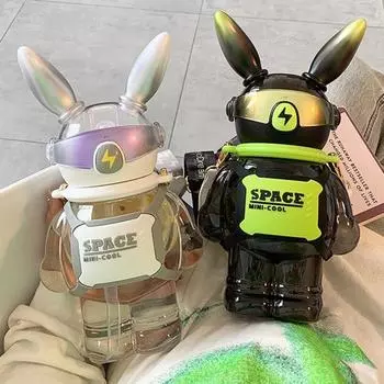 Соломенная бутылка емкостью 1100 мл, герметичная прозрачная креативная соломенная бутылка с кроликом для ежедневного использования 1100ml чёрный