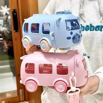 Соломенная чашка с мультяшным автобусом, милая большая емкость, уличная автомобильная чашка для воды, детская посуда для напитков, соломенный чайник 500ml розовый