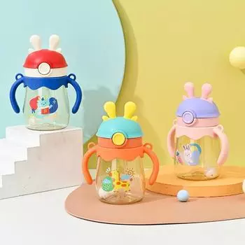 Соломенная детская кружка с рисунком из мультфильма, 370 мл, с ручкой, уличная портативная пластиковая чашка, милая детская чашка для детского сада 370ml