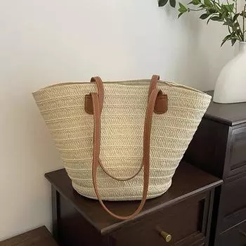 Соломенная коса Повседневные сумки через плечо Большая вместимость Простые универсальные летние сумки-тоут для женщин Модный классический стиль Распродажа хаки