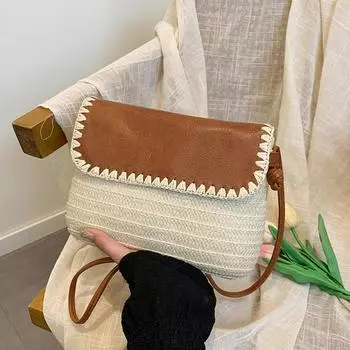Соломенная коса Повседневные сумки через плечо Большой емкости Летние сумки-тоут для женщин Модная простая пляжная сумка 25*6*18cm бежевый