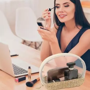 Соломенная косметичка ручной работы из прозрачного ПВХ, водонепроницаемая, портативная, на молнии, многофункциональная дорожная косметичка, косметичка-органайзер, чехол бежевый