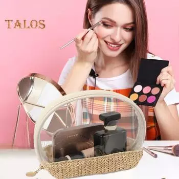 Соломенная косметичка ручной работы из прозрачного ПВХ, водонепроницаемая, большая вместимость, портативная, на молнии, многофункциональная дорожная косметичка-органайзер для туалетных принадлежностей бежевый