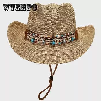 Соломенная ковбойская шляпа ручной работы в стиле бохо-шик с синими акцентами — дышащая, легкая и стильная для женщин one size темно-синий