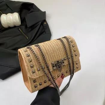 Соломенная модная сумка-мешок с замком и цепочкой для подмышек, женская плетеная сумка-мессенджер с простым замком, маленькая квадратная сумка для женщин хаки