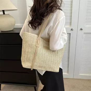 Соломенная модная сумка-тоут большой вместимости 2024 года, летняя новая литературная и свежая сумка через плечо, повседневная универсальная сумка