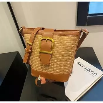 Соломенная оплетка-ведро, повседневные универсальные сумки на плечо, 2024, классический стиль, застежка Grace, индивидуальные летние сумки через плечо для женщин чёрный