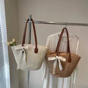 Соломенная плетеная лесная большая вместительная модная сумка-тоут для регулярных поездок на пляж и отдыха на пляже