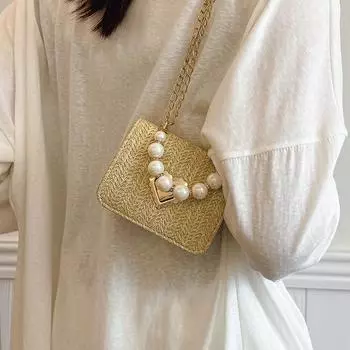 Соломенная плетеная сумка-цепочка для женщин на весну и лето, новая квадратная сумка в пасторальном стиле в стиле ретро, модная плетеная сумка с замком-пряжкой