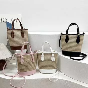 Соломенная плетеная сумка через плечо для женщин, простая пляжная сумка из ротанга на плечо, сумка для мобильного телефона, портмоне, летняя сумка 18x12x21cm чёрный