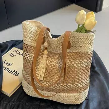 Соломенная плетеная сумка для отдыха на пляже, полая плетеная сумка, модная сумка через плечо для поездок на работу и обратно, большая вместимость бежевый