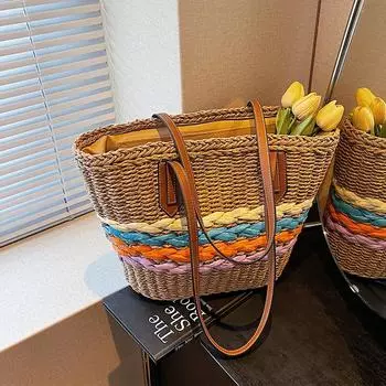 Соломенная плетеная сумка на одно плечо, новая радужная полосатая соломенная плетеная сумка, пляжная сумка для отпуска, универсальная женская сумка