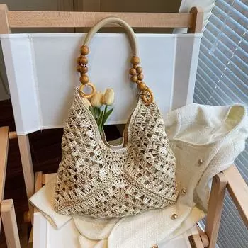 Соломенная плетеная сумка женская большая вместимость 2025 новая полая плетеная на плечо сумка-тоут летняя морская прогулка пляжная сумка Rice with white