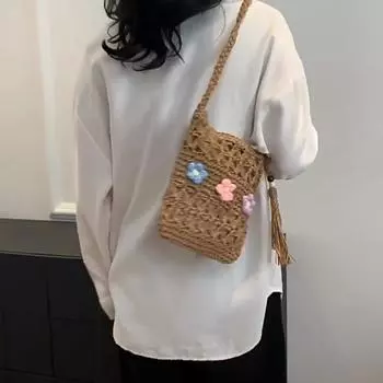 Соломенная пляжная сумка, летняя плетеная сумка с кисточками, цветочный декор, сумка на плечо для женщин, соломенные кошельки и сумки, сумка из ротанга в стиле бохо из рафии 20x3x22cm бежевый