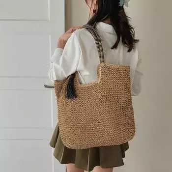 Соломенная пляжная сумка с кисточками, женская плетеная сумка через плечо, портативная летняя сумка-тоут для повседневного использования, для путешествий и отпуска верблюд