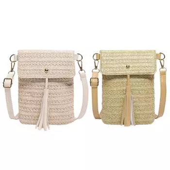 Соломенная пляжная сумка, тканая летняя сумка на плечо с кисточкой, кошелек для мобильного телефона, однотонная праздничная дорожная сумка для женщин хаки