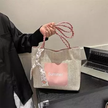 Соломенная пляжная сумка-тоут, летняя сумка на плечо, популярная сумка под мышкой, модная универсальная женская сумка коричневый