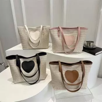 Соломенная пляжная сумка в форме сердца, большая летняя сумка через плечо, повседневная тканая сумка-тоут, сумка-хобо, сумка через плечо для женщин, дорожная, отпускная 36x9x24.5cm коричневый