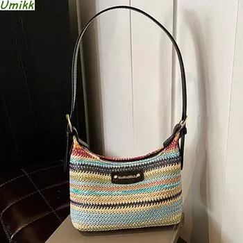 Соломенная пляжная сумка в красочную полоску, тканая сумка для подмышек, повседневная сумка через плечо с регулируемым ремешком, праздничная дорожная сумка для женщин светло-коричневого
