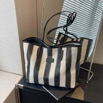 Соломенная пляжная сумка Yogodlns в полоску с застежкой-молнией, сумка на плечо для отдыха и путешествий, сумка с верхней ручкой для женщин, сумки для отдыха и покупок 36x12x29cm чёрный