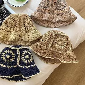 Соломенная шляпа детская весенне-летняя соломенная цветочная солнцезащитная шляпа с большим карнизом, универсальная, повседневная, пляжная шляпа для женщин M56-58cm чёрный