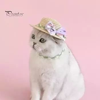 Соломенная шляпа для домашних животных, солнцезащитная кепка ручной работы с регулируемым ремешком на подбородке, головные уборы, аксессуары для маленьких собак, кошек, дни рождения, особые случаи S розовый