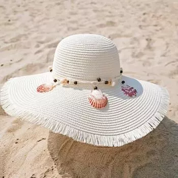 Соломенная шляпа Hairbeard Shell, женская летняя солнцезащитная шляпа с большим карнизом, солнцезащитная шляпа с защитой от ультрафиолета, пляжная шляпа для путешествий и отдыха на природе M56-58cm молочный белый