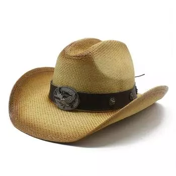 Соломенная шляпа Мужская солнцезащитная джинсовая шляпа с большими полями для отдыха на море Ковбойская шляпа Цилиндр M56-58cm хаки