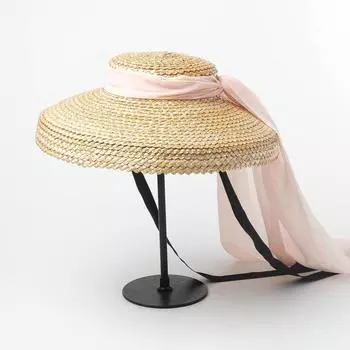 Соломенная шляпа от солнца с широкими полями и плоским верхом, модная летняя шляпа с длинной лентой для женщин, праздничная винтажная пляжная кепка с козырьком 56-58cm чёрный